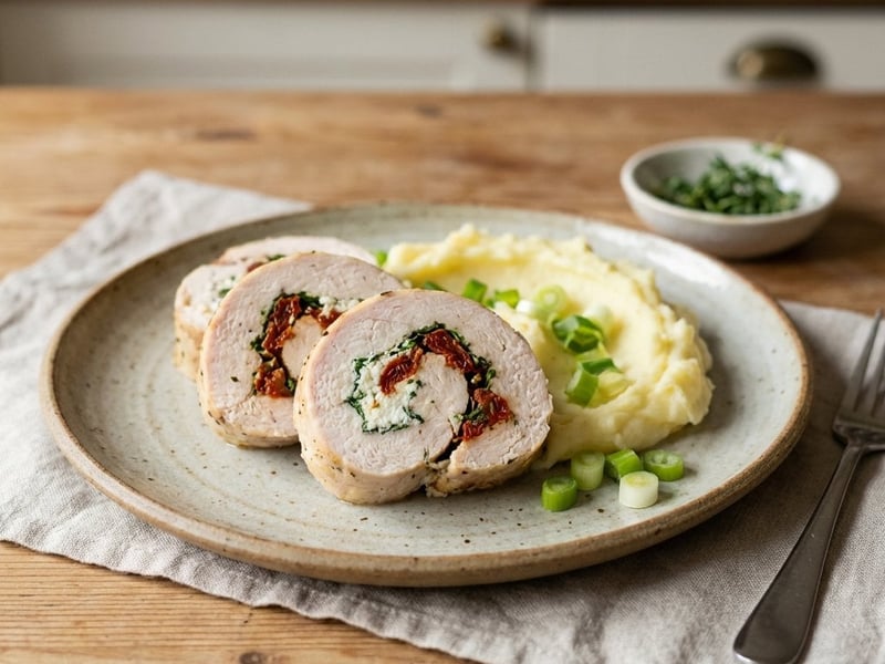 Putenroulade mit Ricotta und Stampfkartoffeln