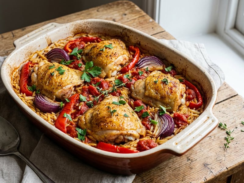 Hähnchen-Pfanne mit Orzo und Gemüse