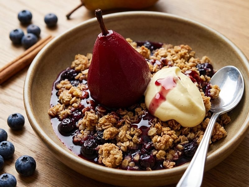 Pear-Blueberry Crumble with Poached Pears and Vanilla Cream