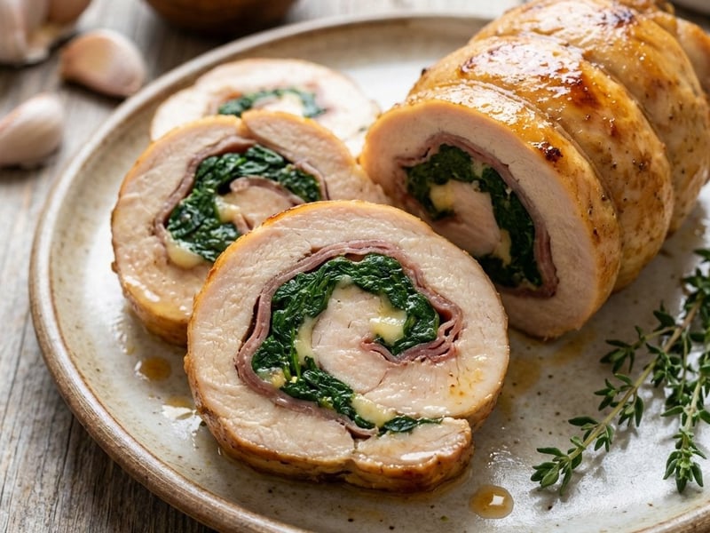 Festliche Hähnchenroulade mit Parmaschinken, Parmesan und Spinat