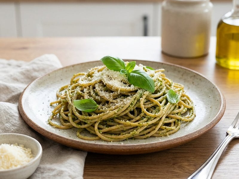 Vollkornspaghetti mit Pesto aus geröstetem Knoblauch