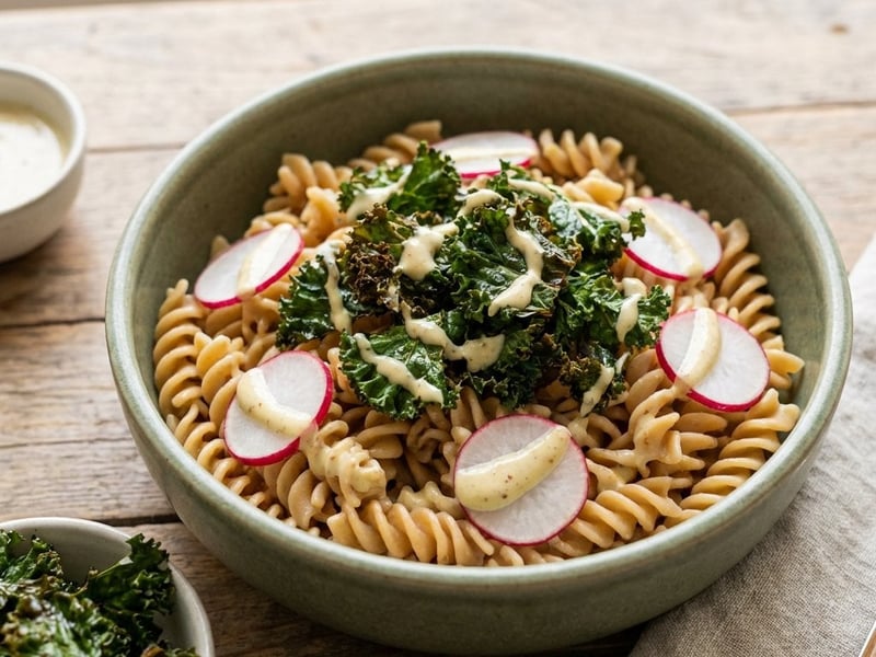 Pasta mit Gemüse und Grünkohl-Chips