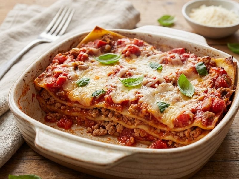 Schnelle Puten-Lasagne mit frischen Tomaten