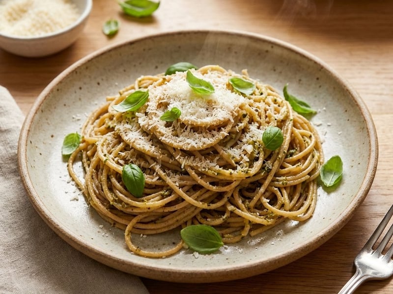 Vollkornspaghetti mit geröstetem Knoblauch-Pesto