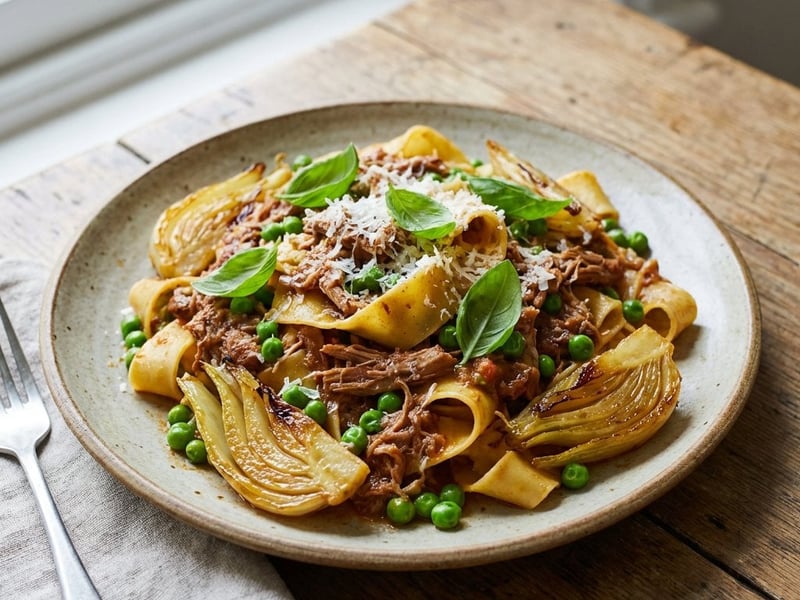 Pappardelle mit Kaninchenragout, Erbsen und Fenchel