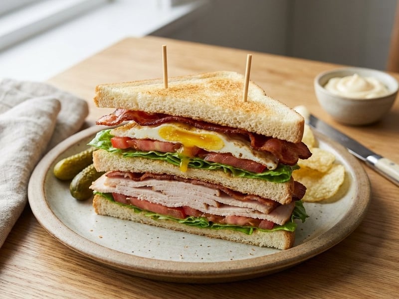 Klassisches Club Sandwich mit Pute und Ei