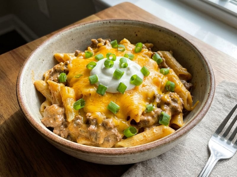 Cremige Taco-Pasta mit Rinderhackfleisch und Cheddar