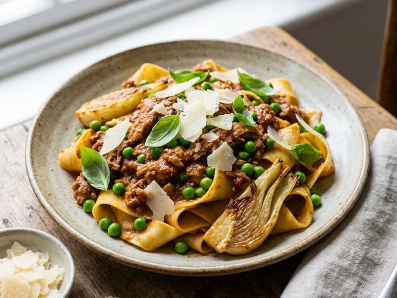 Pappardelle mit Kaninchenragout, Erbsen und Fenchel