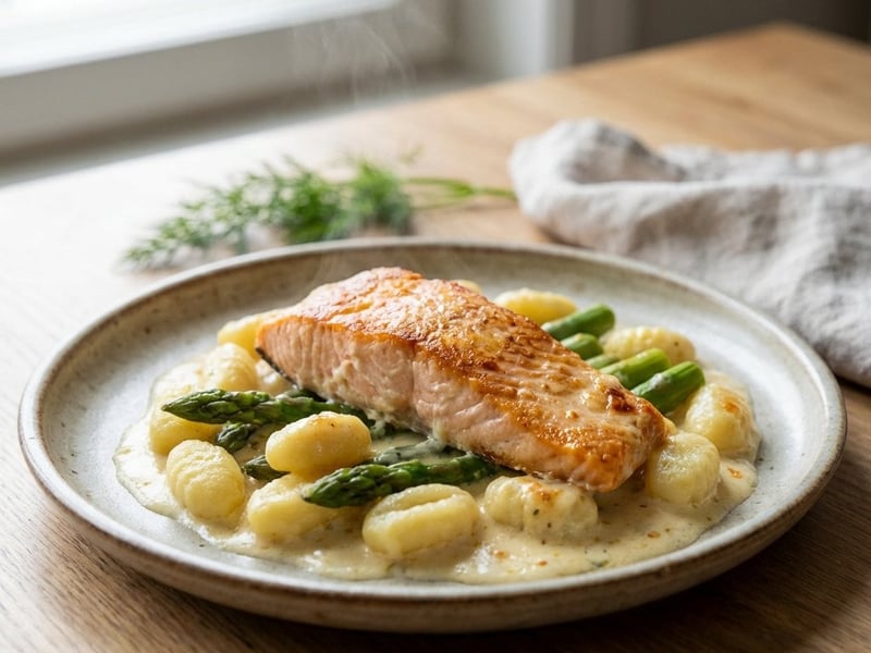 Gebackener Lachs mit Gnocchi und Spargel in Käsesauce