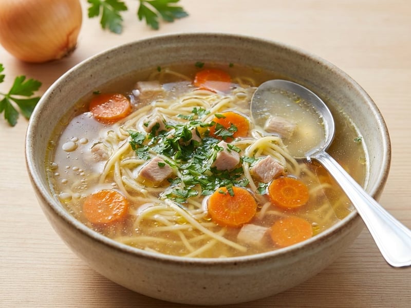 Hahn-Bouillon mit Wurzelgemüse und Eiernudeln