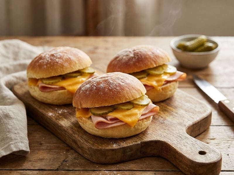 Hausgemachte Butterbrötchen mit Putenschinken, Cheddar und Gurke