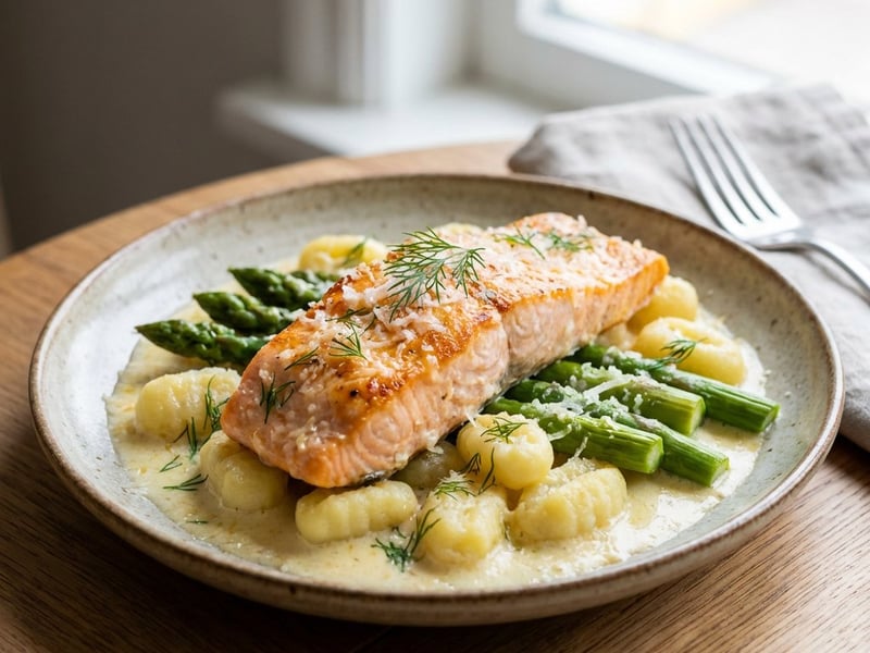 Gebackener Lachs mit Gnocchi, Spargel und Käsesauce