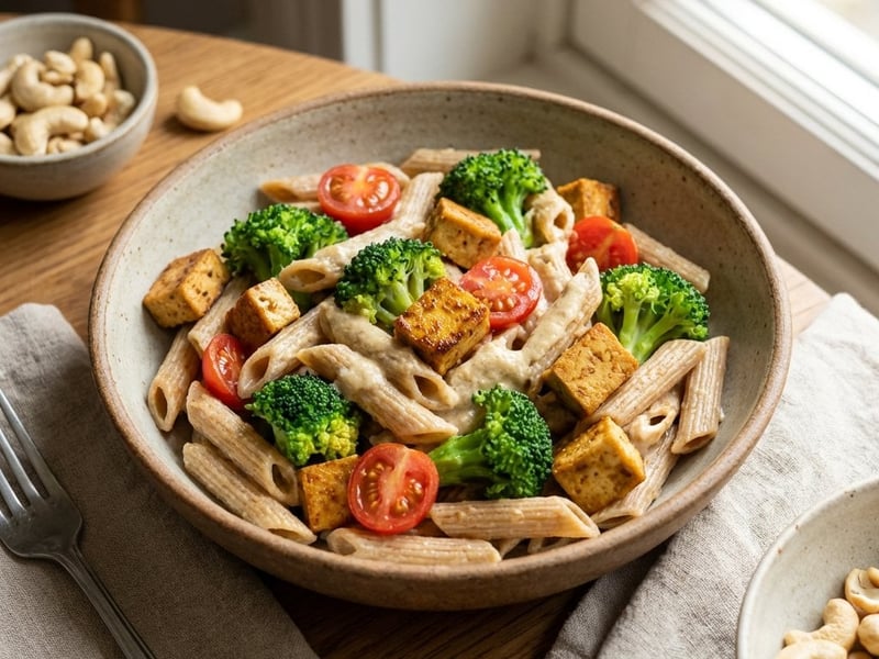 Vollkornpasta mit cremiger Cashewsauce und Brokkoli