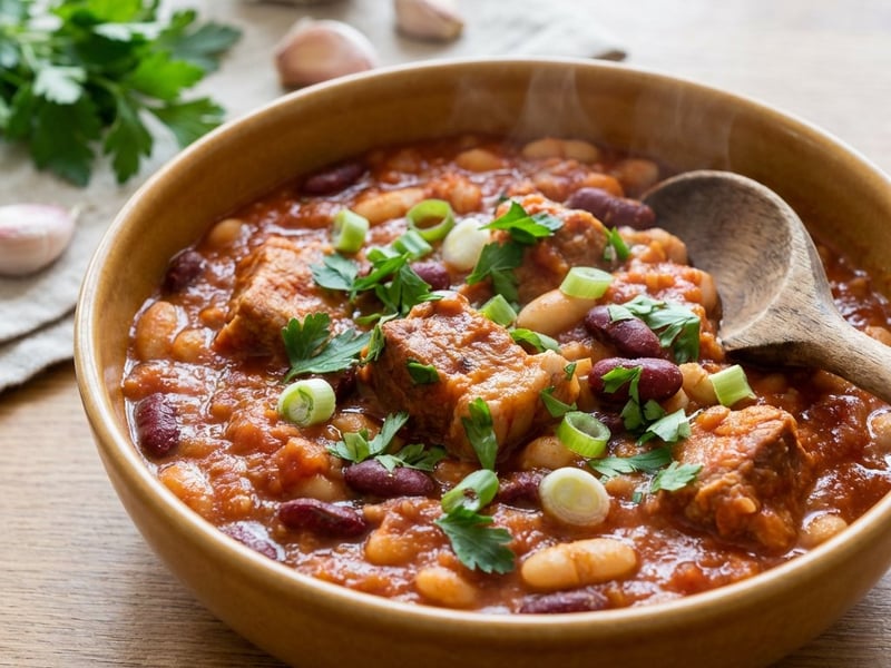 Schweinekeule mit bunten Bohnen in Tomatensauce