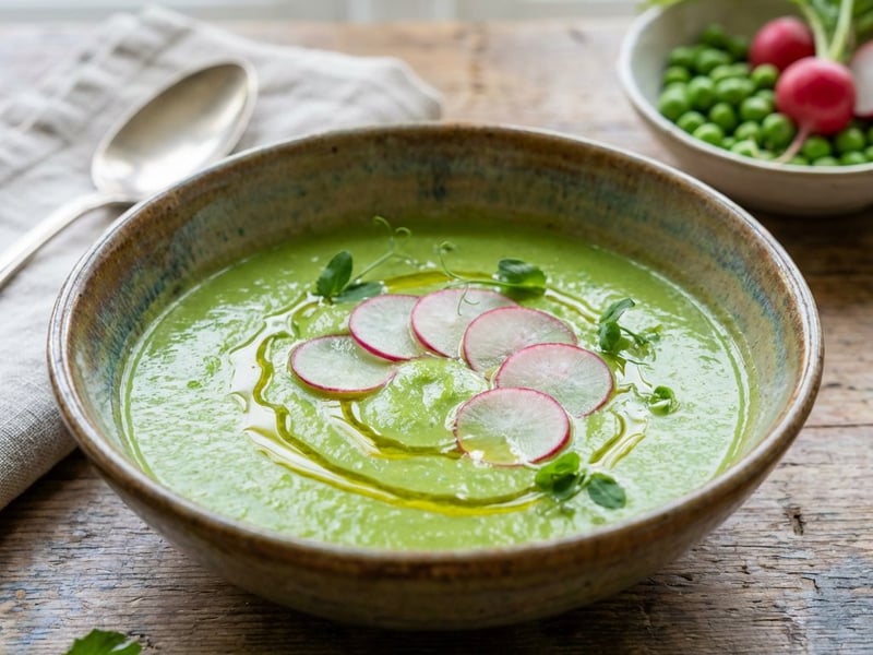 Grüne Erbsensuppe mit marinierten Radieschen