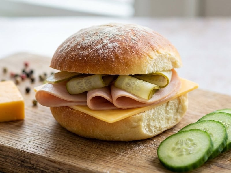 Hausgemachte Butterbrötchen mit Putenschinken, Cheddar und eingelegter Gurke