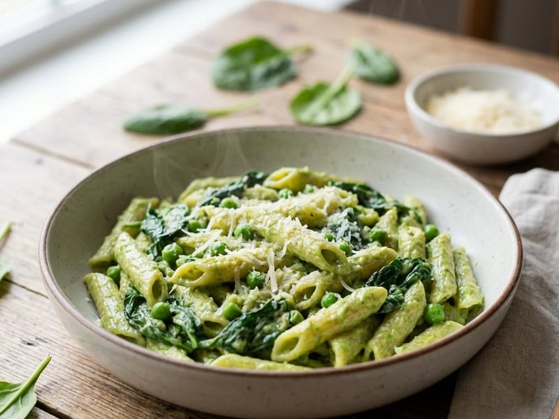 Grüne Avocado-Pasta mit Spinat und Erbsen