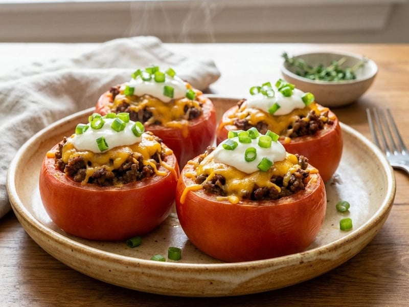 Gefüllte Tomaten mit Rinderhackfleisch und Cheddar