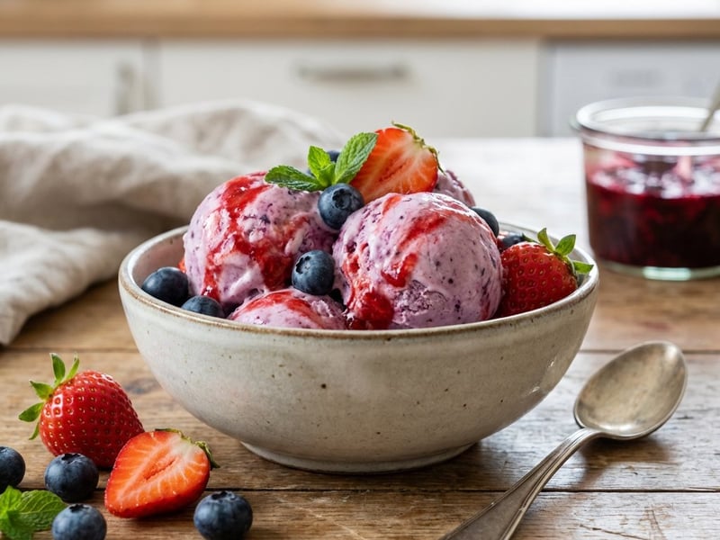Cremiges Fruchteis mit Waldbeeren und Erdbeeren