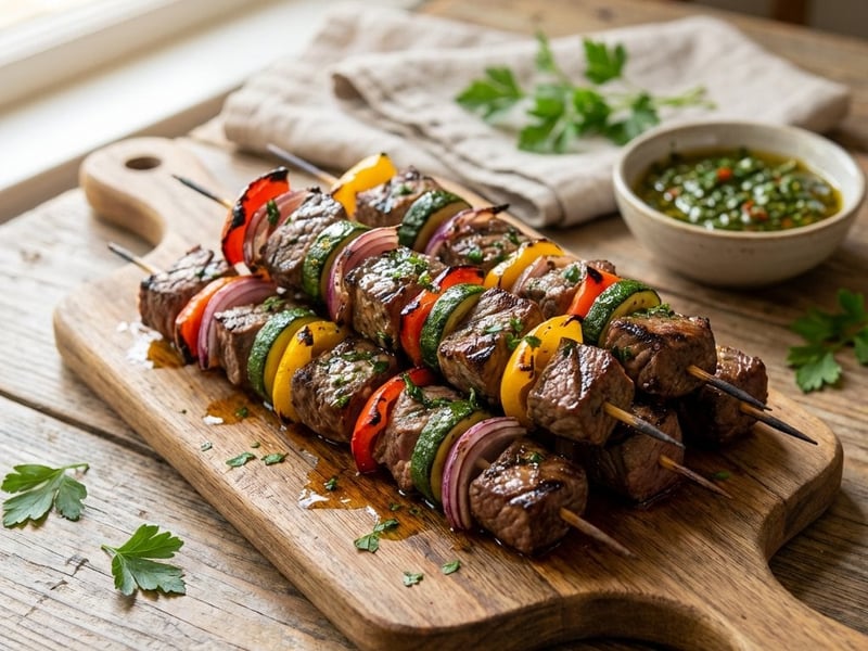 Gegrillte Steak-Spieße mit buntem Gemüse