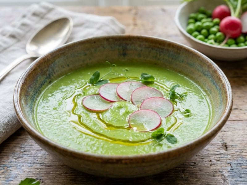 Grüne Erbsencremesuppe mit marinierten Radieschen