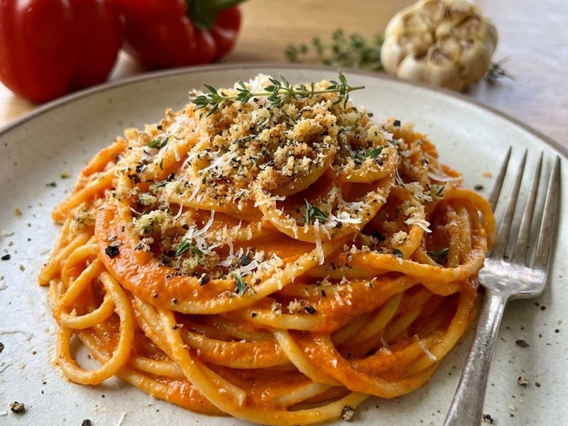 Spaghetti mit gerösteter Paprikasauce & Kräuterbröseln