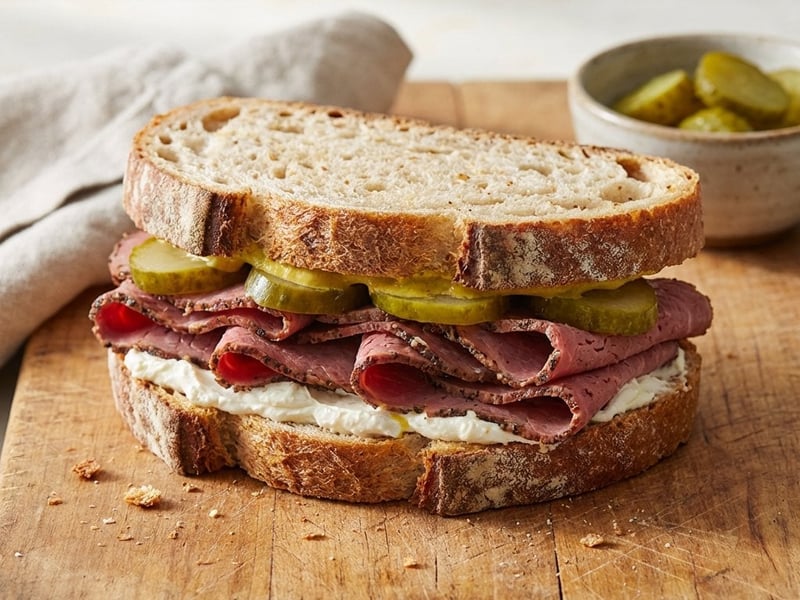 Herzhaftes Pastrami-Brot mit Gewürzgurken