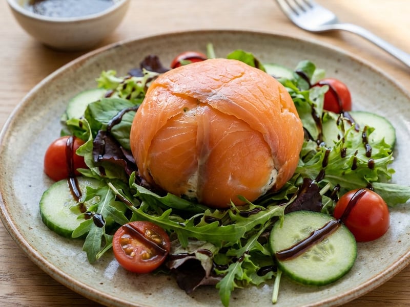 Salat mit Räucherlachs-Avocado-Kugel | Edle Vorspeise