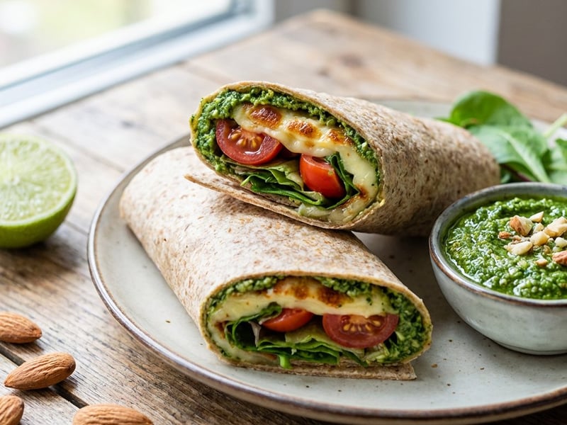 Wrap mit Grillkäse, Spinatpesto und Tomaten