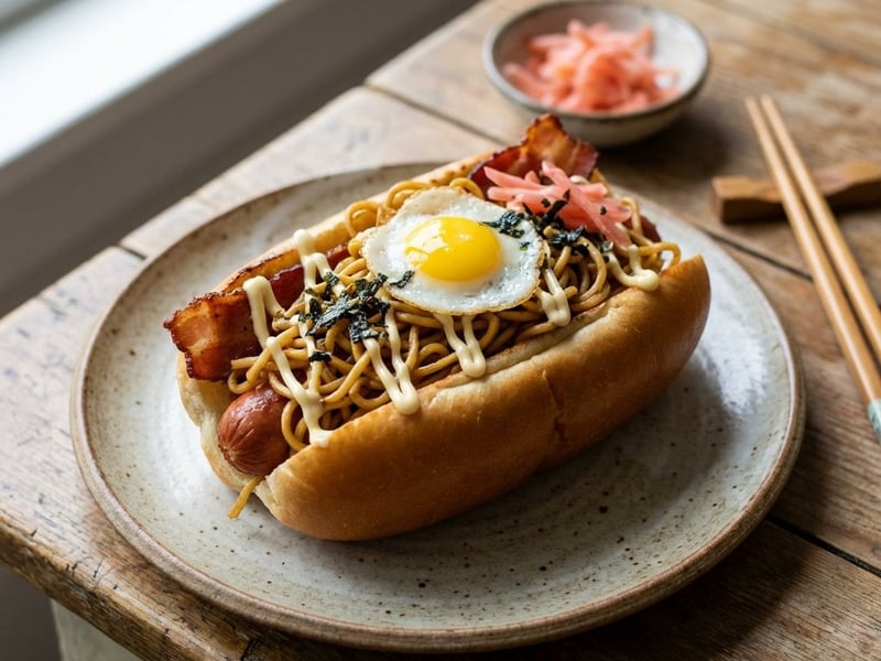 Hot Dog mit asiatischen Nudeln und knusprigem Speck