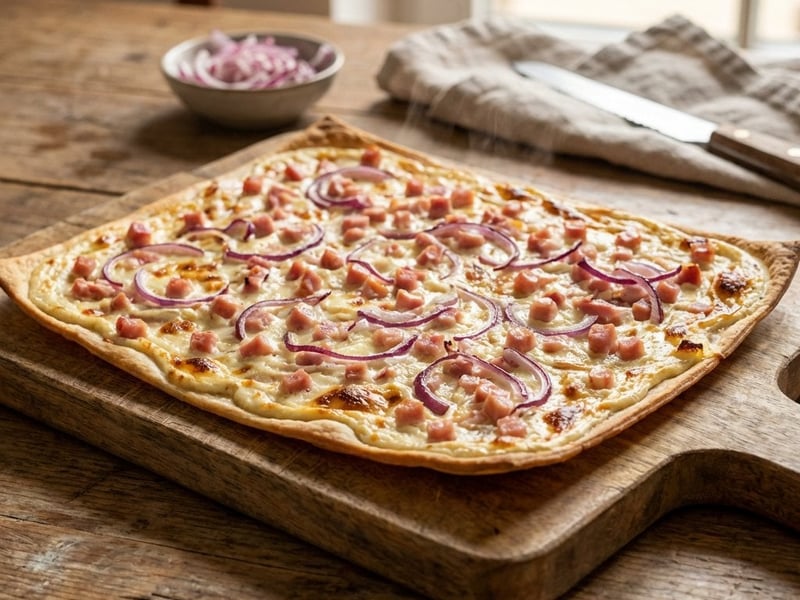 Flammkuchen mit Schinken und roten Zwiebeln