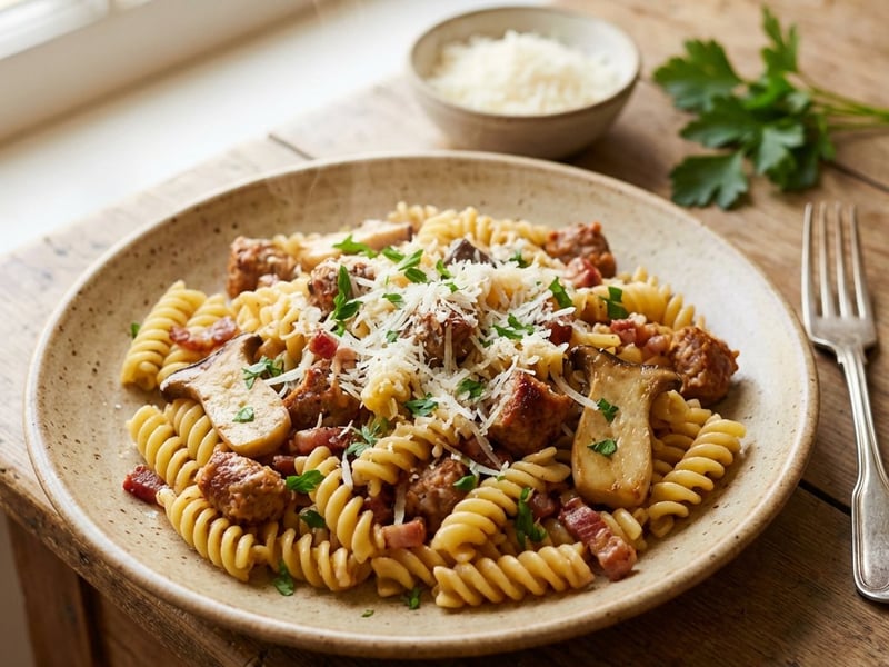 Fusilli mit Salsiccia und Pilzen