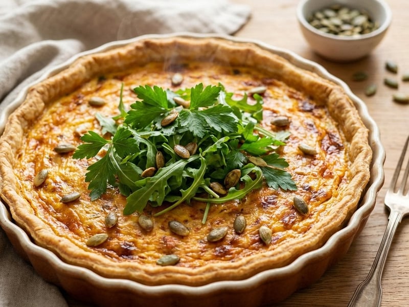 Herzhafte Kürbis-Quiche mit Petersiliensalat und gerösteten Kernen