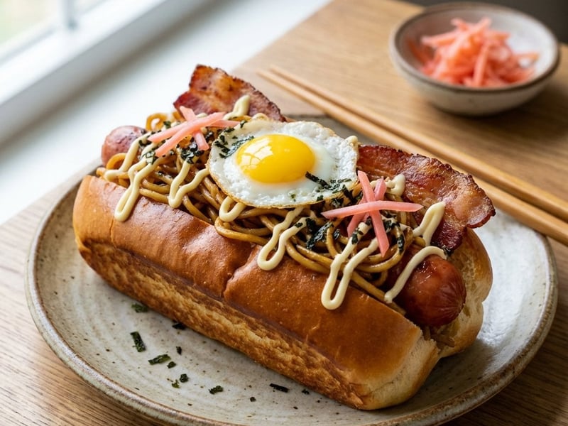 Hot Dog mit asiatischen Nudeln und knusprigem Speck | Schneller Asia-Snack