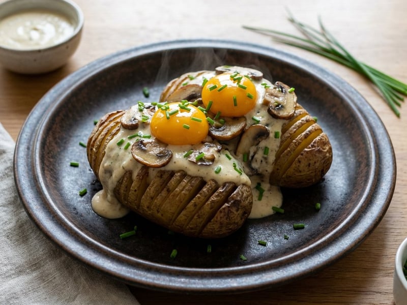 Ash Potatoes with Roasted Garlic Sauce and Mushrooms