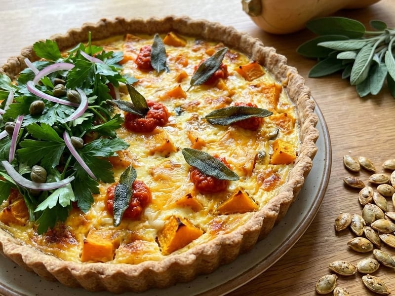 Herzhafter Kürbiskuchen mit Petersiliensalat und gerösteten Kernen