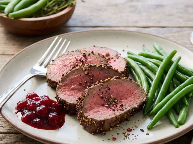 Roastbeef mit grünen Bohnen und Preiselbeeren