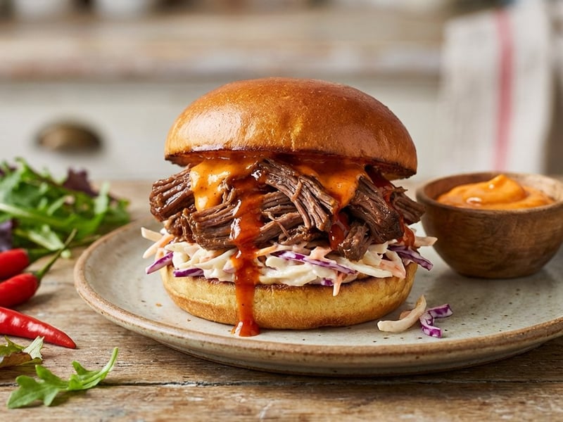 Burger mit Pulled Beef und scharfer Sriracha-Mayo