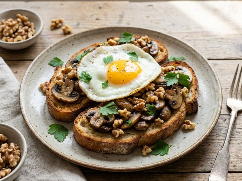 Bruschetta mit Champignons und Spiegelei