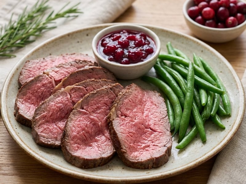 Zartes Roastbeef mit grünen Bohnen und Preiselbeeren