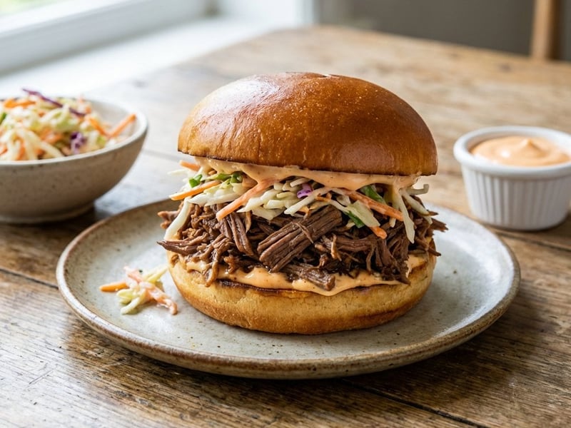 Burger mit Pulled Beef & scharfer Sriracha-Mayo