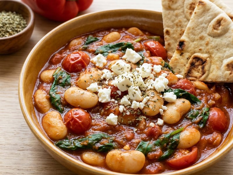 Griechischer Bohneneintopf mit Feta und Spinat