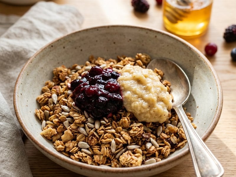 Granola mit Sonnenblumenkernen und Beerenkompott