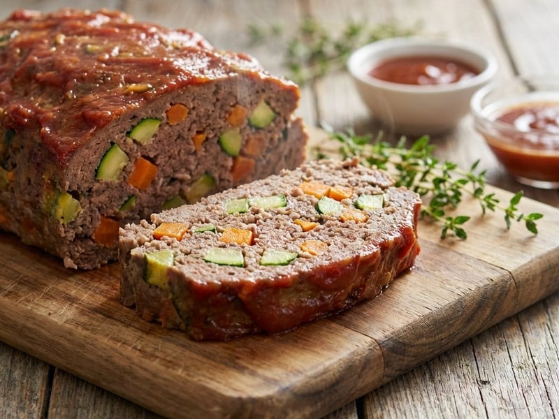 Saftiger Hackbraten mit Zucchini, Reis und Karotten