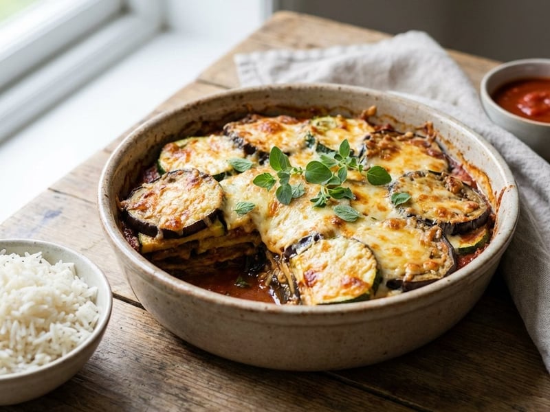 Auberginen-Zucchini-Moussaka mit Reis