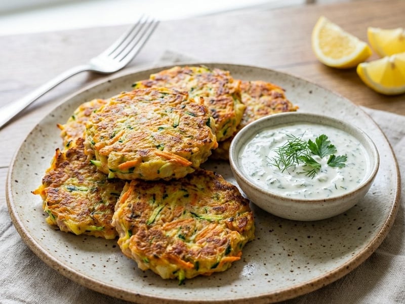 Thunfisch-Kartoffel-Puffer mit Gemüse