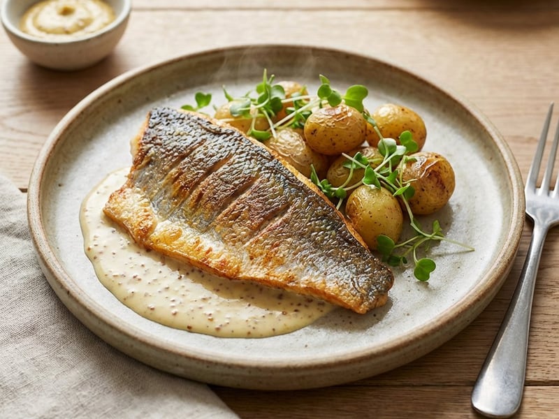 Goldbrasse mit Senfsauce und Röstkartoffeln