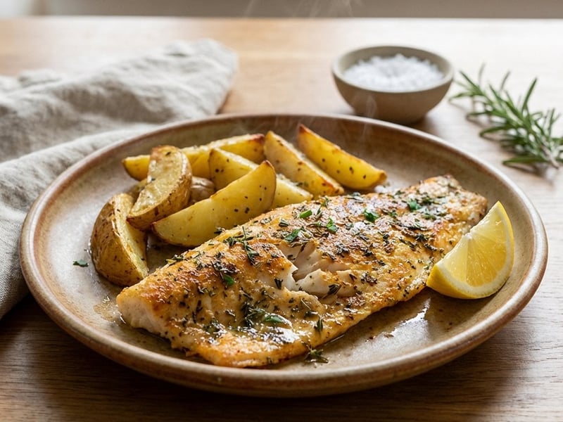 Rotbarsch mit Kräuterkruste und Röstkartoffeln