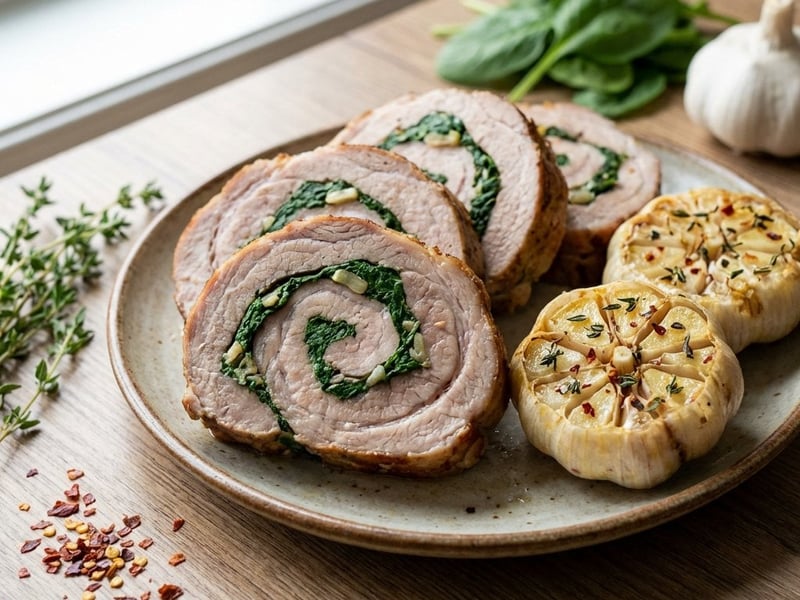Schweineroulade mit Spinat und geröstetem Knoblauch