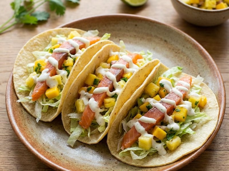 Tacos mit Mango-Ananas-Salsa und geräucherter Lachsforelle